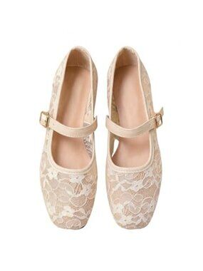Floral Lace Mesh Ballet Flats Adjustable Buckle Strap Closed Toe Women's Dress